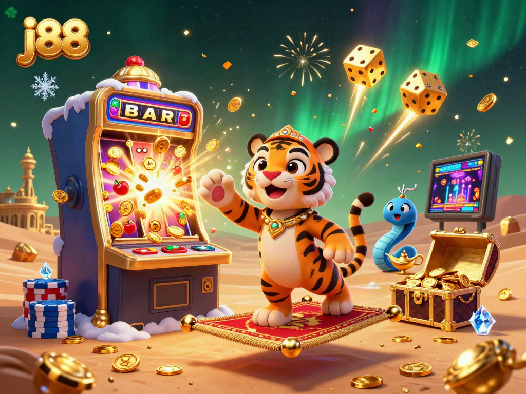 Engage in thrilling j88 casino action with a vibrant illustration of a tiger sultan amidst jackpot winnings.