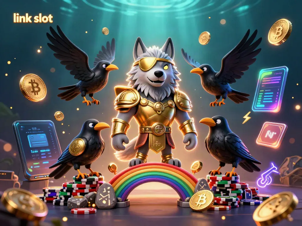 Experience thrilling action at link slot with Norse-inspired characters guarding a rainbow bridge of casino chips.