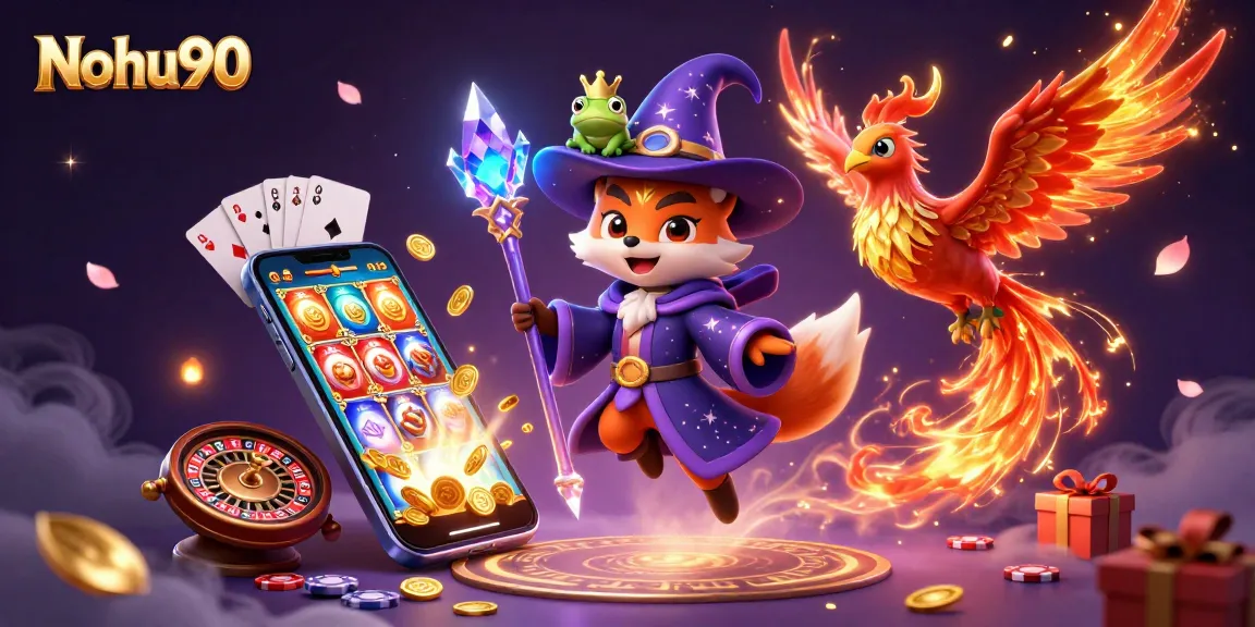 Nohu90 brings the thrill of online slot gaming with a mystical fox and vibrant elements.