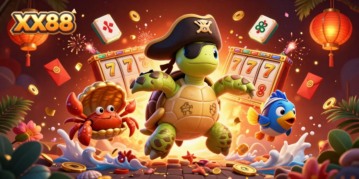 Experience thrilling wins with XX88's rich casino elements featuring a treasure-seeking pirate turtle.
