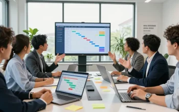 Efficient project scheduling with RTI Scheduler in a collaborative business setting, showcasing teamwork and productivity.