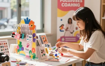 Custom acrylic stand displaying bright merchandise, including keychains and stickers, in an engaging e-commerce environment.