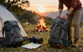 Preparing for an adventure with rokok88 outdoor gear at sunset campsite.